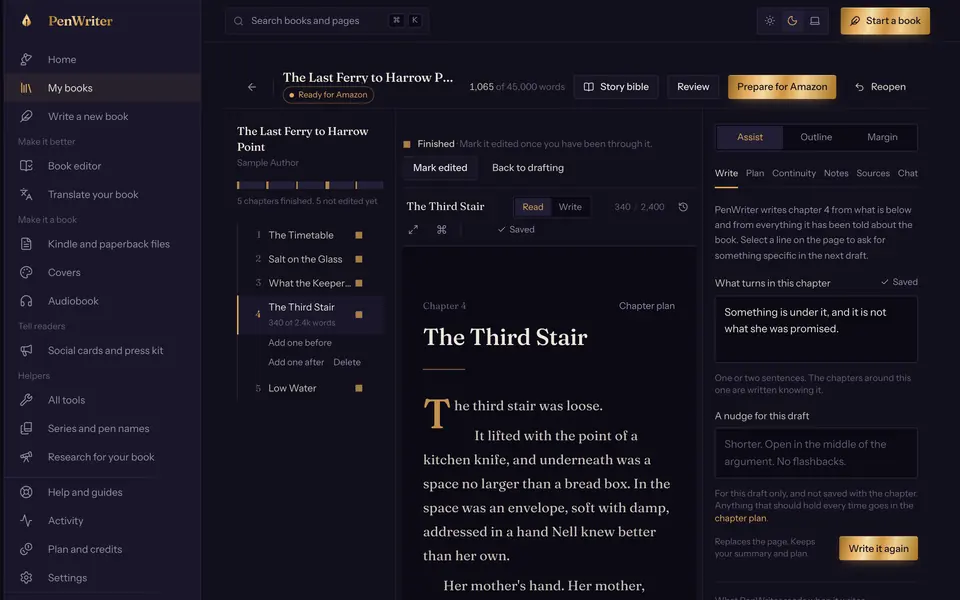 The Inkwell writing screen: the chapters of a sample novel on the left, a chapter open on a page in the middle, and the assist panel on the right holding the chapter plan.