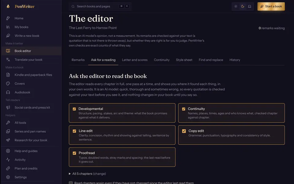 The editor screen, offering the kinds of reading to ask for: developmental, continuity, line edit, copy edit and proofread.