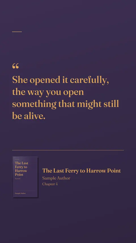 A social card quoting a sentence of the sample book in gold on a violet ground.