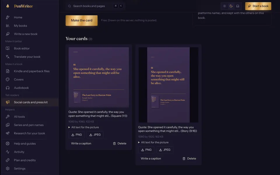 The social graphics screen, showing a quote card drawn in the sample book's colours.