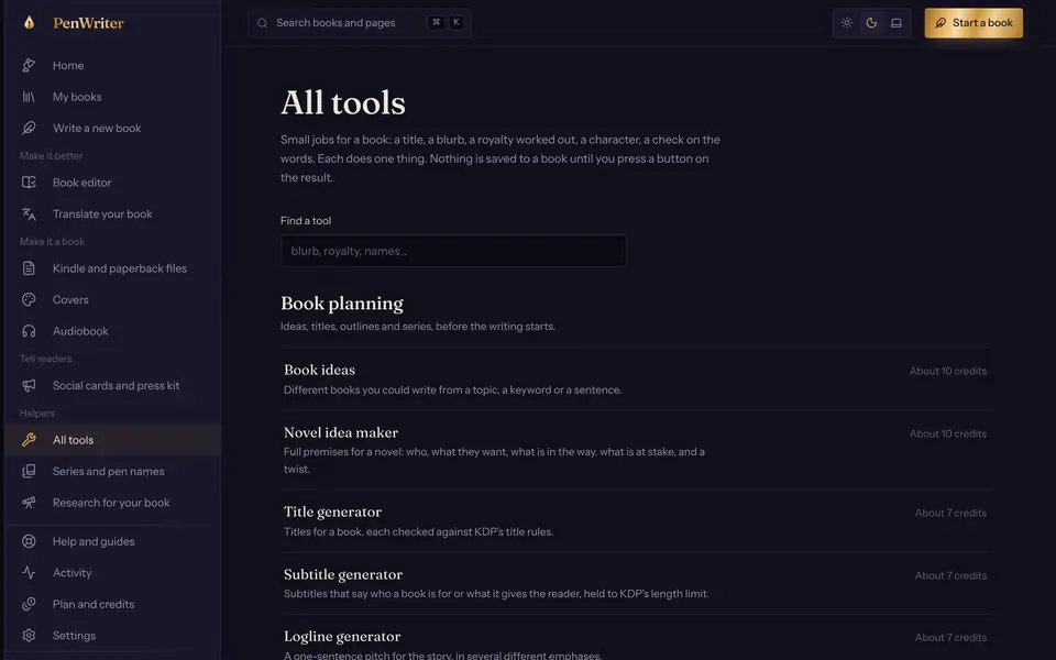 The tools library, a list of small jobs such as book ideas, title generator and logline generator, each with what it costs in credits.